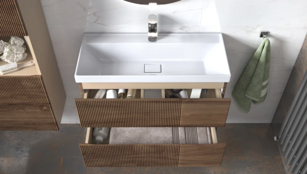 Тумба под раковину Velvex Mondi 800-0-2, 790х356х490 мм подвесная, цвет акация темная, 2 выдвижных ящика, подходит раковина Classica 80 Slim, универсальная, в ванную комнату