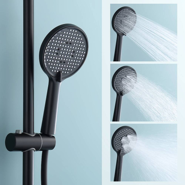 Душевая система Splenka S223.24.06 высота 1130-1480 мм цвет черный, комплект: однорычажный смеситель/излив/тропический душ круглый (с верхней лейкой)/лейка/стойка/шланг, нержавеющая сталь