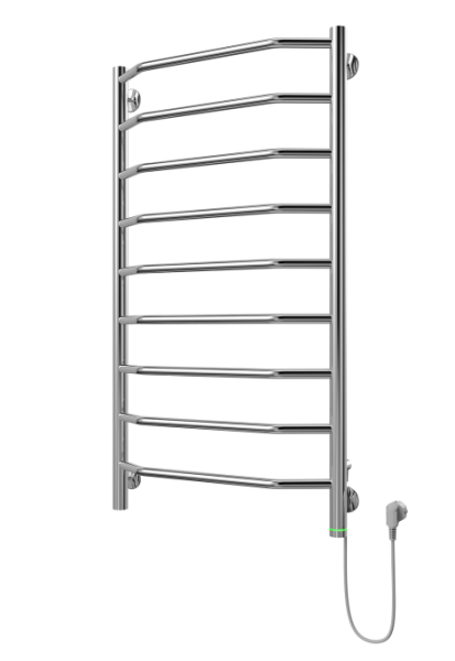 Полотенцесушитель 500х950 мм Terminus Виктория П9, электрический. 146 Вт. с терморегулятором, подключение нижнее, с вилкой. нержавеющая сталь, форма лесенка дуга, вертикальный, цвет хром, для отопления, обогрева в ванной