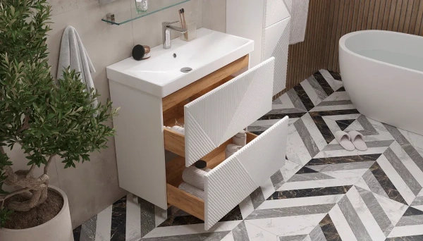 Тумба под раковину Velvex Edge 800-0-2, 804х393х796 мм напольная, цвет белый глянец, 2 выдвижных ящика, подходит раковина 9696-80, универсальная, в ванную комнату