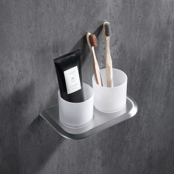 Стакан двойной ABBER Nord для зубных щеток, с держателем, настенный, нержавеющая сталь/стекло, в ванную, цвет матовое стекло/сатин AA1557SP