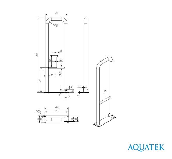 Поручень для душа/ванны Aquatek настенный, откидной, 80 см с бумагодержателем, из нержавеющей стали, хром