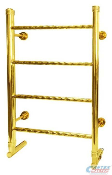 Полотенцесушитель 752х500 мм Boheme Oro 709, электрический. 100 Вт. тэн (тен), подключение нижнее в стену, без вилки, форма лесенка, вертикальный, цвет золото, для отопления, обогрева в ванной, трубчатый, жидкостный, межосевое расстояние
