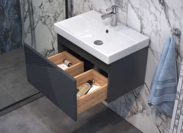 Тумба под раковину Velvex Edge 600-0-1, 596х393х343 мм подвесная, цвет графит, 1 выдвижной ящик, подходит раковина 9696-60, универсальная, в ванную комнату