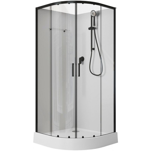 Душевая кабина 100x100x202 см Aquanet Passion EVO R 100  Black поддон низкий, полукруглая, угловая, стекло прозрачное, заднее белое, профиль черный, без гидромассажа, без крыши