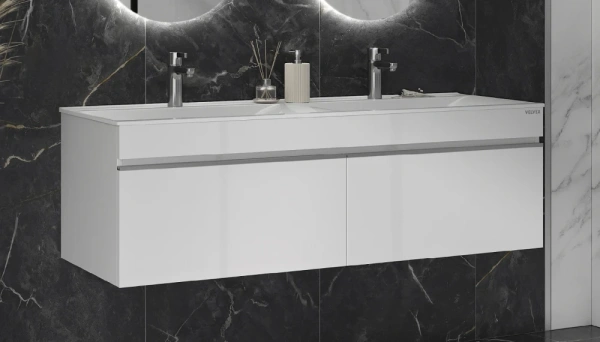 Тумба под раковину Velvex Pulsus 1400-0-2, 1388х476х520 мм, подвесная, цвет белый глянец, 2 выдвижных ящика с доводчиками, подходит раковина Pulsus 140, универсальная, в ванную комнату