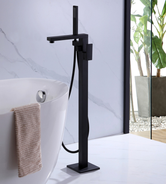 Смеситель для ванны/душа ABBER Daheim напольный, однорычажный, неповоротный, длина излива 220 мм, латунь, цвет черный матовый