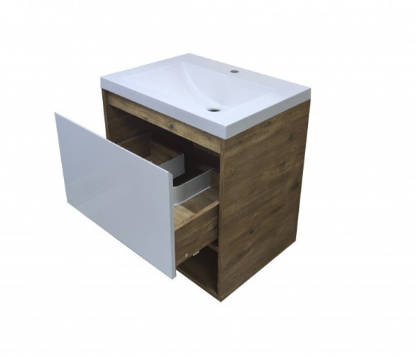 Тумба с раковиной Эстет Monaco Wood 60, 598х607х476 мм, подвесная, 1 выдвижной ящик/открытая полка, ЛДСП/МДФ, прямоугольная, цвет: белый/дуб рустикальный/раковина Монако 60, прямоугольная, цвет белый