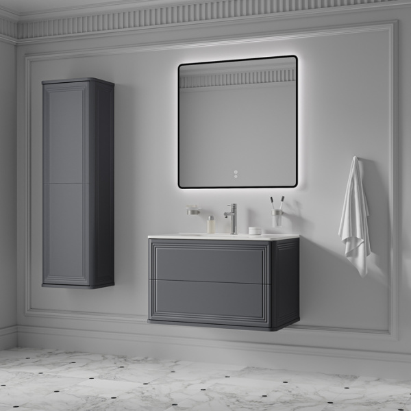 Тумба c раковиной IDDIS Oxford Neo, 808х469х500 мм, подвесная, 2 выдвижных ящика, МДФ/санфарфор, раковина накладная, прямоугольная, цвет темно-серый, отверстие под смеситель OXN80D0i95K