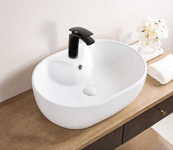 Раковина для ванной CeramaLux 9163 59х15х41 накладная, овальная, керамическая/фарфоровая, цвет белый, с отверстием под смеситель, слив-перелив