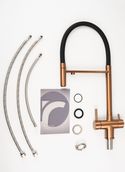 Смеситель для кухни/мойки Knotlor Infinity, с подключением к фильтру, однорычажный, поворотный, керамический, R-излив, гибкий, длина 230 мм, бронза/черный, нержавеющая сталь SS-16/RB