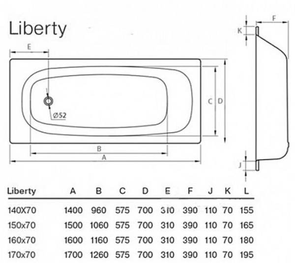 Ванна Koller Pool Liberty 160х70 см, стальная, без отверстия под ручки, (без ножек, без ручек), цвет- белый, эмалированная, без антискольжения, пристенная/встраиваемая