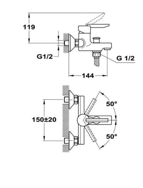 Смеситель для ванны/душа Mofem Mambo 202 однорычажный, керамический, настенный, излив фиксированный 140 мм, с гибким шлангом, душем/лейкой, латунь, цвет хром, короткий, универсальный, горизонтальный, рычажный, кран, комплект, сантехника, размер