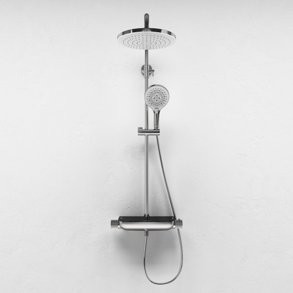 Душевая система Abelsberg Lineara с термостатом, высота 900−1300 мм цвет глянцевый хром, комплект: смеситель/полка для душа/тропический душ (с верхней лейкой)/лейка/стойка/шланг, латунь/ABS-пластик