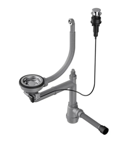 Сифон Omoikiri WK-1-R-A-IN, для одночашевых кухоных моек, круглый перелив, цвет: нержавеющая сталь, с клапаном-автоматом, с переливом