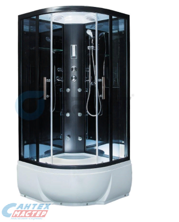Душевая кабина 100x100x215 см Comfort Erlit поддон высокий, полукруглая, угловая, с сиденьем, стенка стекло черное, двери тонированные, с гидромассажем, с верхним душем, смеситель, профиль хром матовый, прозрачное стекло, белая, закрытая