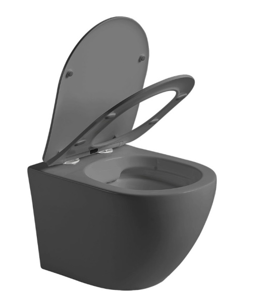 Унитаз подвесной Vincea Globo 490x370x370 мм безободковый, цвет антрацит матовый, фарфор, овальный, горизонтальный выпуск (в стену), для инсталляции/скрытого бачка, антивсплеск, ультратонкое сиденье soft-close
