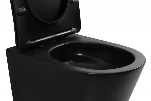 Унитаз подвесной ABBER Bequem 490х355х360 мм цвет черный матовый, горизонтальный (прямой) выпуск, система антивсплеск, смыв торнадо, безободковый, с сиденьем микролифт, дюропласт, под скрытый бачок AC1102TMB