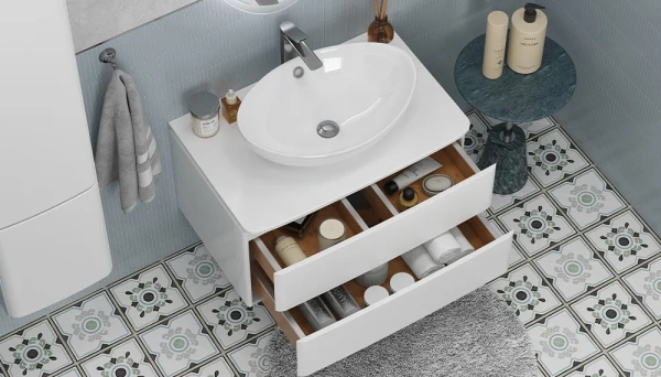 Тумба со столешницей Velvex Luna 80, 800х520х440 мм, подвесная, цвет белый, 2 выдвижных ящика, подходит раковина Velvex 7027A универсальная, в ванную комнату