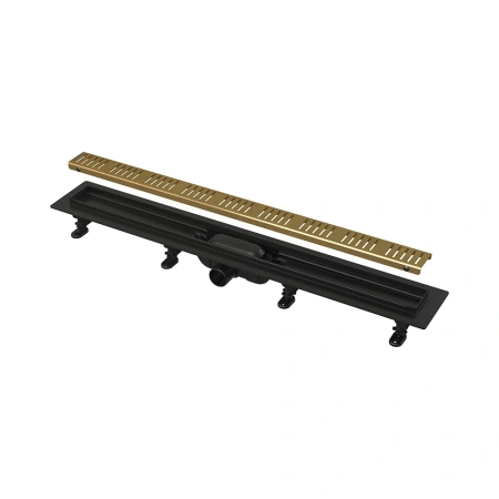 Водоотводящий желоб Alcaplast APZ10BLACK-750BRASS с порогами для перфорированной решетки, горизонтальный выпуск, цвет черный матовый, решетка золото