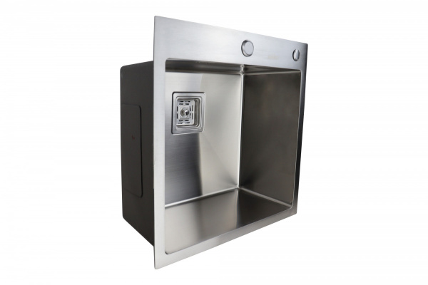 Мойка кухонная Siriusline, 50х50 см, врезная, нержавеющая сталь, квадратная, цвет: сатин, с отверстием под смеситель, в комплекте: коландер, дозатор, сифон квадратный слив SL5050-KV