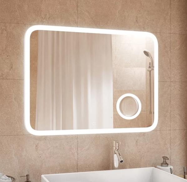 Зеркало Azario Эльза, 55х80 см, с LED/ЛЕД-подсветкой, с диммером, с подогревом, часы, прямоугольное, выключатель сенсорный, для ванны, навесное/подвесное/настенное