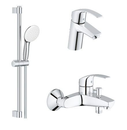 Комплект смесителей Grohe Eurosmart 3 в 1, однорычажный смеситель для раковины/умывальника, ванны/душа, штанга с ручной лейкой, латунь, цвет хром 129153
