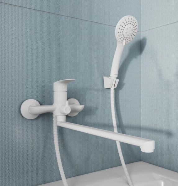 Смеситель для ванны/душа Milardo Rora настенный, однорычажный, поворотный, излив 350 мм, керамический, латунь, цвет белый матовый RORWT00M10