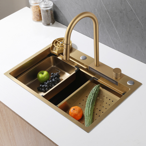 Мойка кухонная ABBER Wasser Kreis 68х46х22,5 см нержавеющая сталь, прямоугольная, брашированная, цвет золотой, 2 отверстия под смеситель, без крыла, слив-перелив, врезная AF2194G