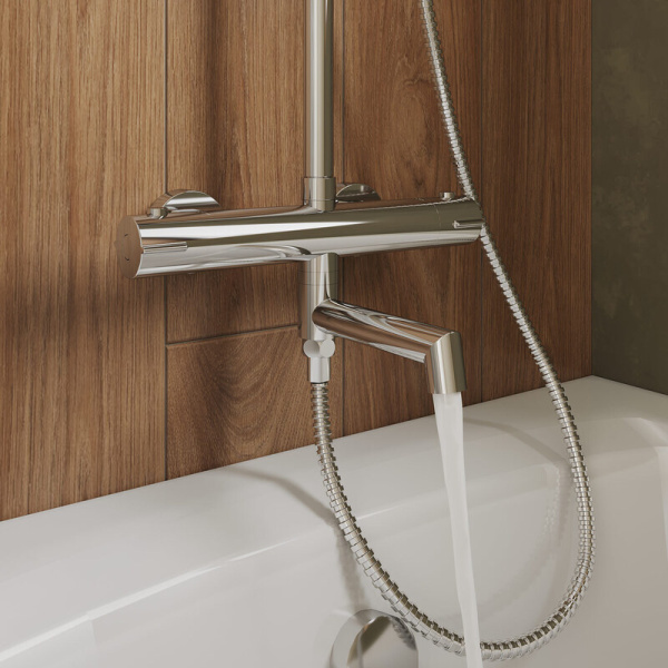 Душевая система Milardo Ideal Spa с термостатом, 1023-1357 мм, цвет глянцевый хром, комплект: термостатический смеситель/излив/тропический душ (с верхней лейкой)/лейка/стойка/шланг, нержавеющая сталь ILSSBTHM06