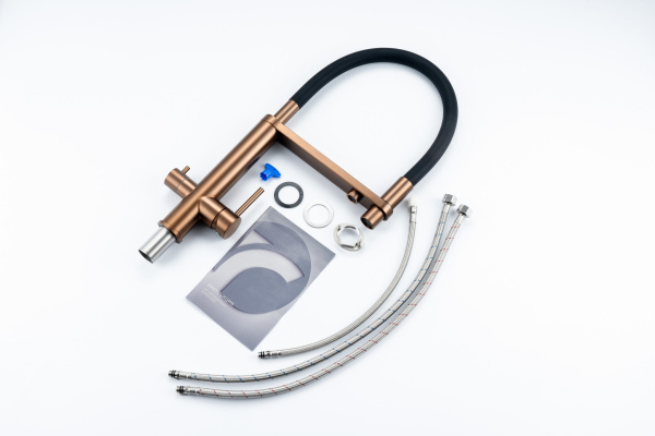 Смеситель для кухни/мойки Knotlor Infinity, с подключением к фильтру, однорычажный, поворотный, керамический, R-излив, гибкий, длина 237 мм, бронза матовая/черный, нержавеющая сталь