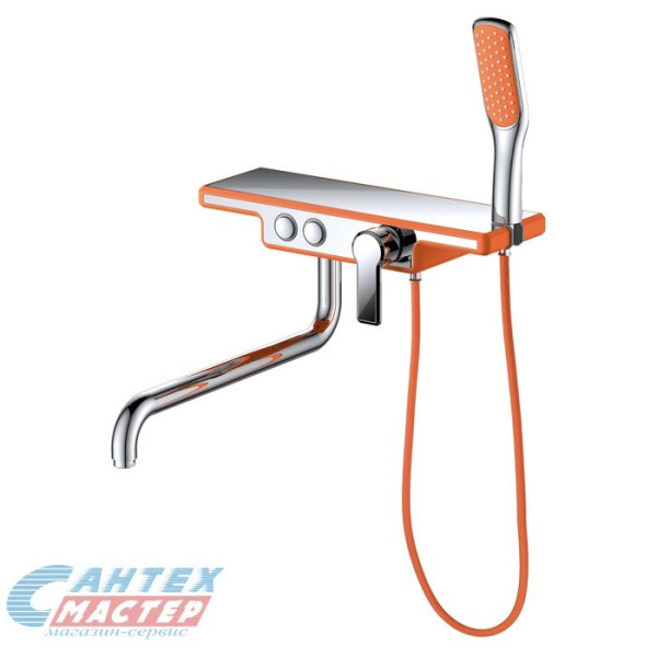 Смеситель для ванны/душа D&K однорычажный, керамический, настенный, излив длинный литой 380 мм, с гибким шлангом, с оранжевым душем/лейкой, латунь хром, горизонтальный, фиксированный, однорукий, кран, комплект, сантехника, размер, характеристики