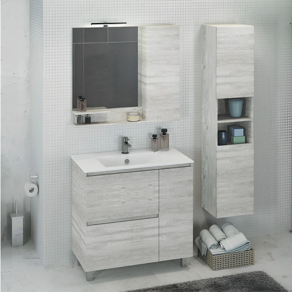 Тумба с раковиной Comforty Верона 90, 91х87,5х46,5 см, напольная, 3 выдвижных ящика, ЛДСП/МДФ, прямоугольная, цвет- дуб белый/раковина Quadro 90, прямоугольная, цвет белый, встраиваемая