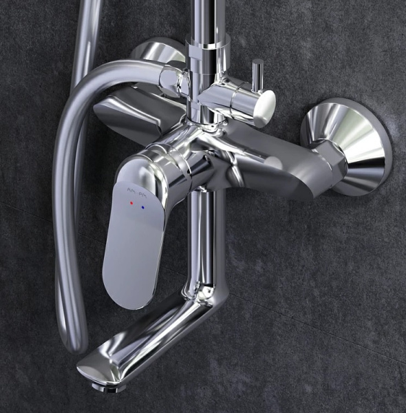 Душевая система AM.PM Sunny, наружного монтажа, высота 1656 мм, цвет хром, комплект: однорычажный смеситель с изливом/тропический душ (с верхней лейкой)/стойка/лейка/шланг, наружного монтажа