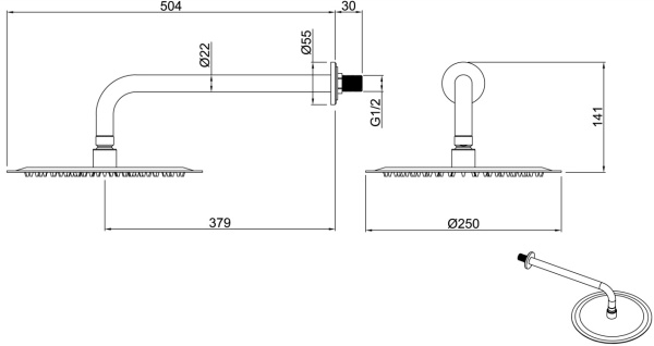 Верхний душ Allen Brau Priority на подвижном шарнире, держатель 380 мм, круглая форма, размер 250 мм, цвет черный матовый, латунь, монтаж на стену