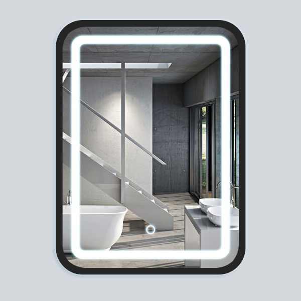 Зеркало Vincea LED, 60х80 см,с LED/ЛЕД-подсветкой, прямоугольное, вертикальное, выключатель сенсорный, с диммером, черная рама,  для ванны