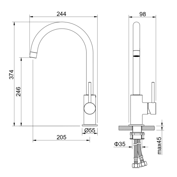 Смеситель для кухни/мойки Aquatek Европа однорычажный, поворотный, латунный, длина излива 205 мм, цвет оружейная сталь