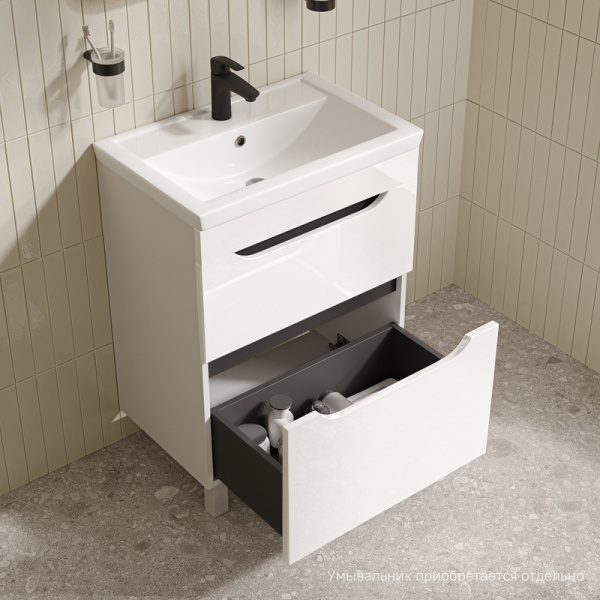 Тумба под раковину IDDIS Ray, 584х394х795 мм, напольная, 2 выдвижных ящика, МДФ, цвет белый глянцевый, система плавного закрывания, прямоугольная, универсальная, в ванную комнату RAY60WFi95