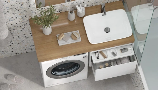 Тумба под столешницу Velvex Klaufs 560-0-1, 558х433х600 мм, подвесная, для стиральной машины, цвет белый, 1 выдвижной ящик/выдвижной органайзер, МДФ, универсальная, в ванную комнату