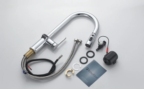 Смеситель для кухни/мойки Knotlor Inspiration, однорычажный, поворотный/выдвижной, с индикатором температуры, керамический, длина излива 175 мм, латунь, цвет хром