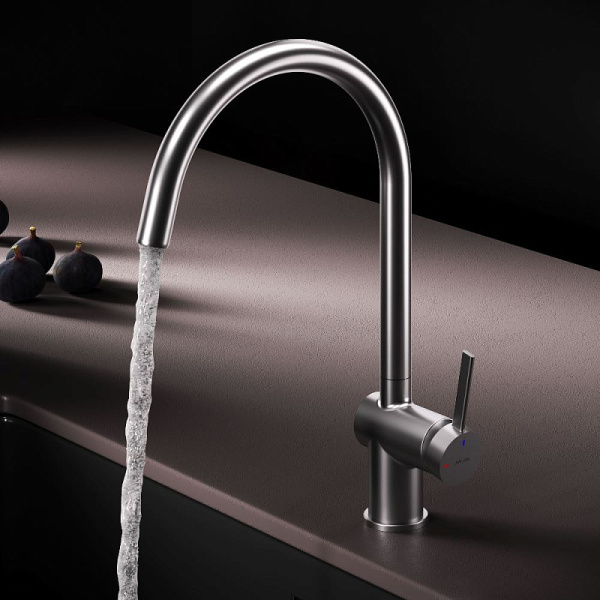 Смеситель для кухни/мойки AM.PM Func высокий, С-излив, однорычажный, поворотный, керамический, длина излива 225 мм, нержавеющая сталь/цинк/латунь, цвет сатин