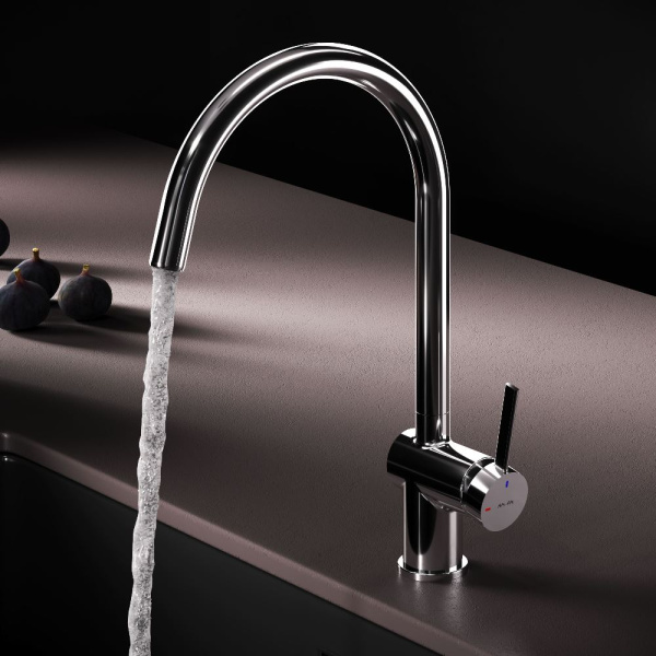 Смеситель для кухни/мойки AM.PM Func высокий, С-излив, однорычажный, поворотный, керамический, длина излива 225 мм, нержавеющая сталь/цинк/латунь, цвет хром