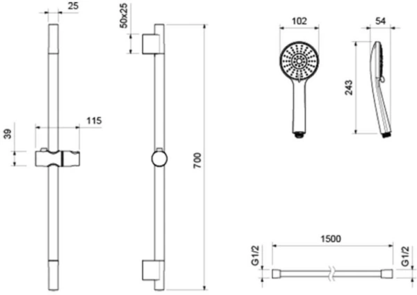 Душевой гарнитур Aquatek Бетта наружного монтажа, высота 700 мм, цвет матовый черный, комплект: стойка/лейка/шланг, нержавеющая сталь/пластик