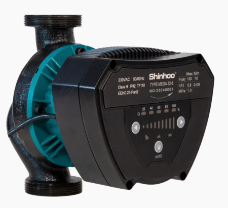 Насос циркуляционный Shinhoo MEGA 25-12 с резьбой Ду 1 1/2", L 180 мм, 10 бар, 185 Вт, регулируемые, высокоэффективные, с мокрым ротором, с функцией AUTO,  для циркуляции жидкости в системах отопления и кондиционирования