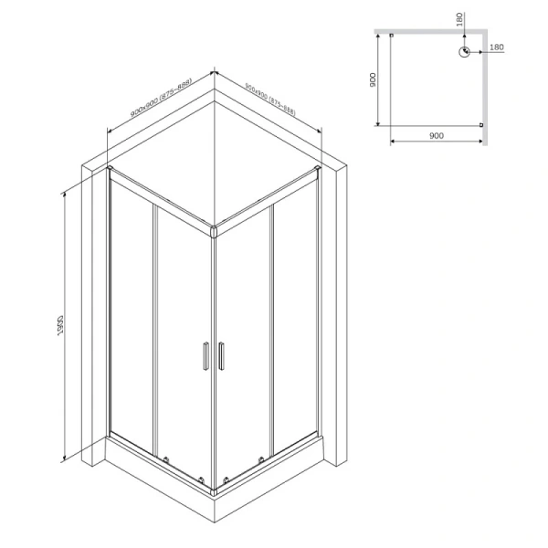 Душевое ограждение Am.Pm Gem S 90x90 см без поддона, универсальное, прозрачное закаленное стекло 5 мм, профиль алюминий, цвет черный матовый, с раздвижной дверью, квадратная