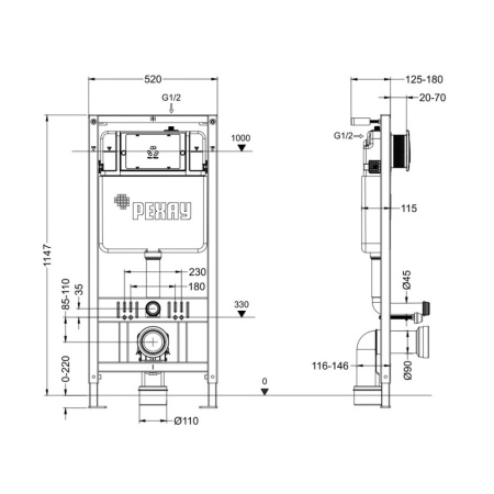Инсталляция Рехау Novaflow без кнопки, система для подвесного унитаза, со скрытым смывным бачком (бак), комплект, размеры рамы (каркас) 520х125х1147 мм 19101011001