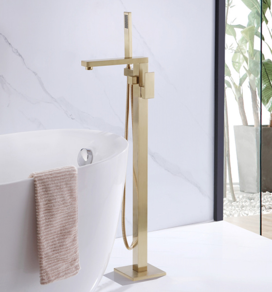 Смеситель для ванны/душа ABBER Daheim напольный, однорычажный, неповоротный, длина излива 220 мм, латунь, цвет золотой матовый