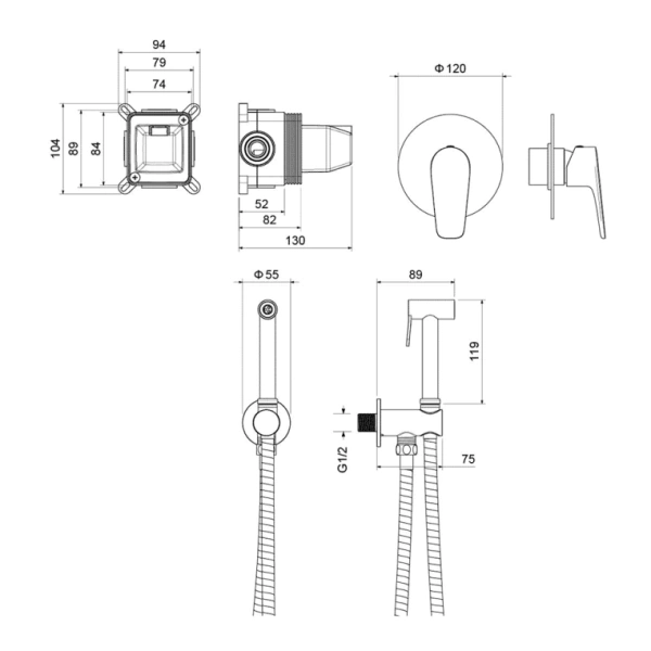 Смеситель с гигиеническим душем Aquatek Бетта встраиваемый, однорычажный, керамический, без излива, с гибким шлангом/лейкой, латунь, цвет оружейная сталь