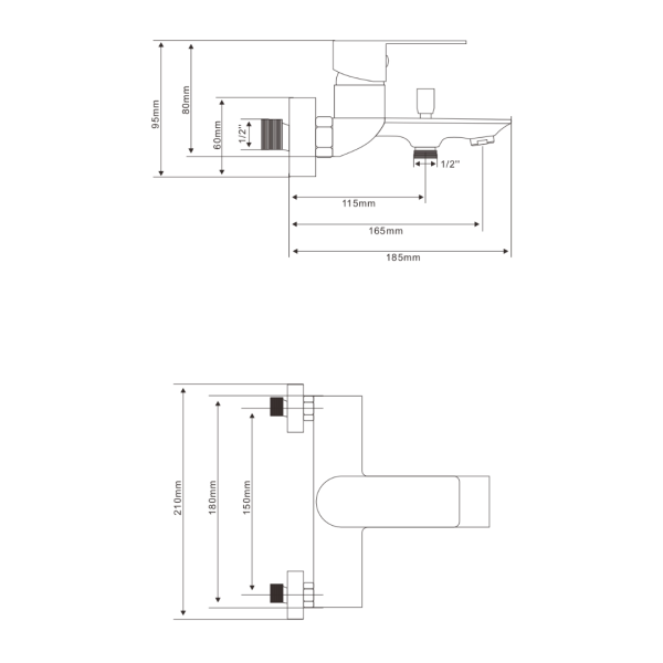 Смеситель для ванны/душа Olives Nensa однорычажный, керамический картридж, настенный, излив неповоротный 165 мм, латунь, цвет хром