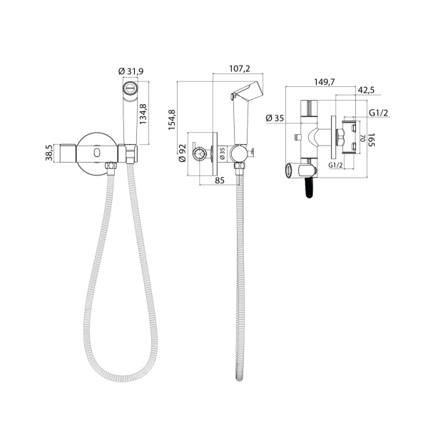 Смеситель IDDIS Axes с гигиеническим душем, встраиваемый, однорычажный, керамический, без излива, с гибким шлангом/лейкой, латунь, цвет хром, с крючком для полотенца